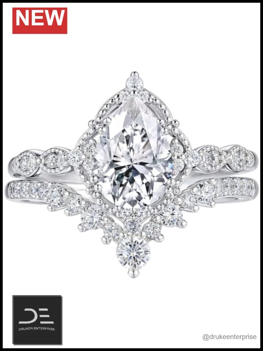 Moissanite Wedding Ring Set 925 Sterling Silver Pear Cut